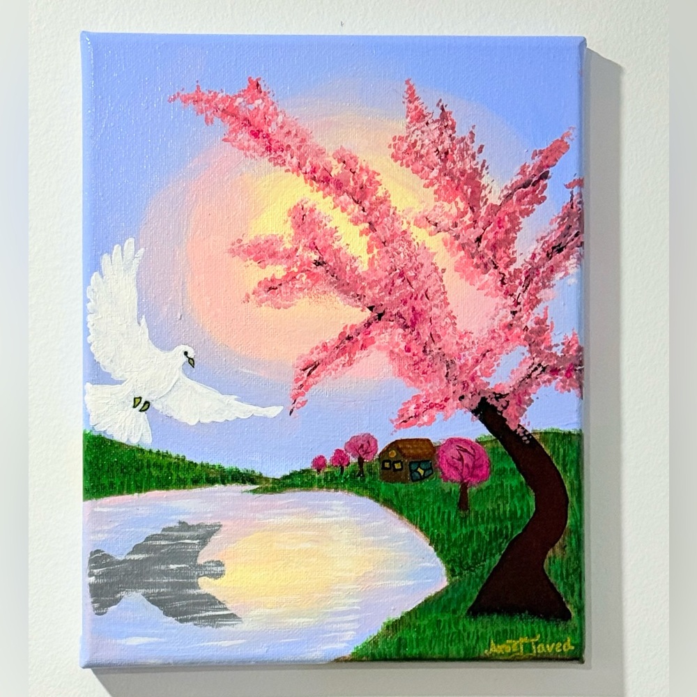 Boundless Flight: Impressionistic Pink Cherry Blossom Painting- 8x10 in